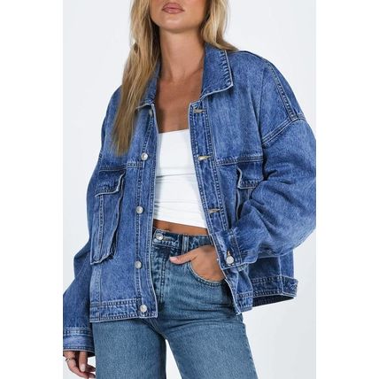 Blue Chest Pockets Drop Shoulder Loose Denim Jacket