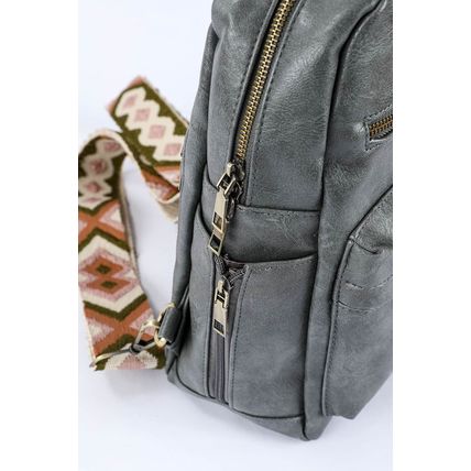 Gray Double Zipper Faux Leather Backpack