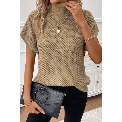 Pale Khaki Turtleneck Textured Short Sleeve Sweater