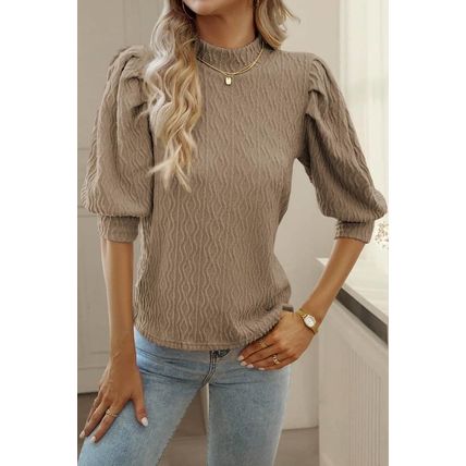 Simply Taupe Vintage Textured Puff Sleeve Mock Neck Top