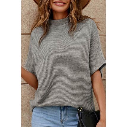 Medium Grey High Neck Short Bat Sleeve Sweater