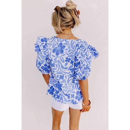 Dark Blue Floral Print Ruffled Bubble Sleeve Blouse