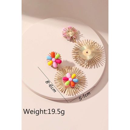 Red Colorful Flower Gold-pleated Dangle Earrings
