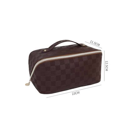 Chestnut Checkered Zipper Handle PU Leather Travel Makeup Bag
