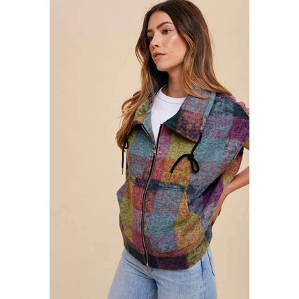 Multicolor Plaid Print Side Pockets Zipped Loose Vest