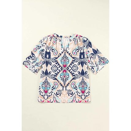 White Abstract Printed Notched V Neck Split Half Sleeve Blouse
