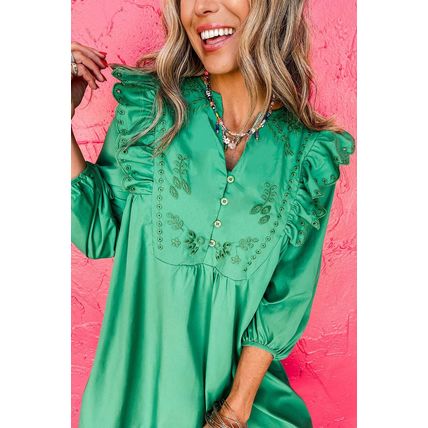Bright Green Embroidered Ruffled Trim 3/4 Sleeve V Neck Mini Dress
