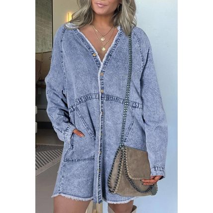 Beau Blue Mineral Wash Long Sleeve Button Up Raw Hem Pocketed Denim Dress