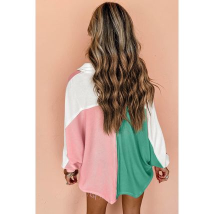 Pink Colorblock Ribbed Collared Oversized Sweatshirt