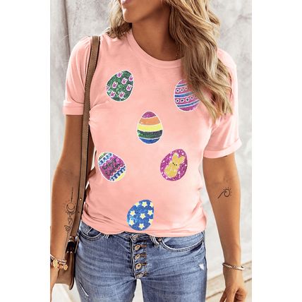 Pink Sequin Easter Eggs Graphic Crewneck T Shirt