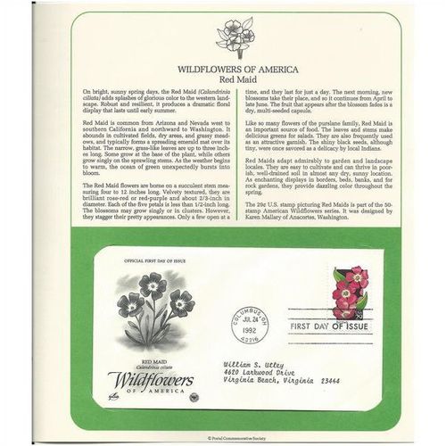 WILDFLOWERS OF AMERICA : RED MAID 'OFFICIAL FIRST DAY of ISSUE ' (1992)