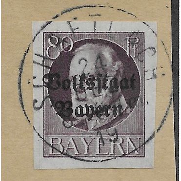 GER (BAVARIA) 1919 80pf KING LUDWIG III' (OVPT)(IMPERFED) FINE USED(EBID65-473)