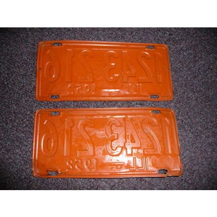Vintage License Plate Matched Pair ILL 1952 IL 1243 216 Orange Black Go Bears!