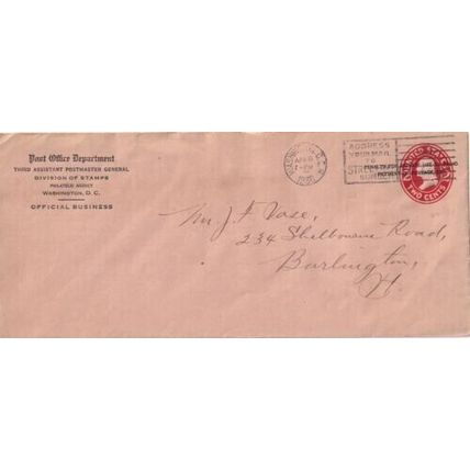 United States 1930 Post Office Dept Washington DC-Burlington VT Cover written VG