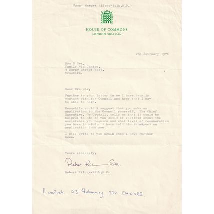 Robert Kilroy Silk TV Presenter 1976 House Of Commons Hand Signed Letter