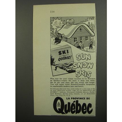 1953 Quebec Canada Advertisement - Sun Snow Skis
