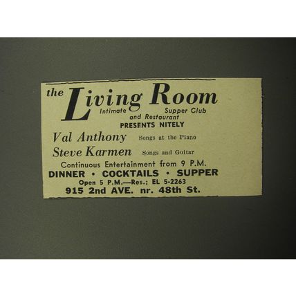 1957 The Living Room Restaurant Advertisement - Val Anthony Songs at the Piano