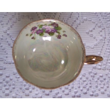 Purple Violets Footed Teacup & Saucer Made in Japan Iridescent Cup Gold Gilded