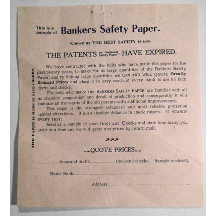 Bankers Safety Paper, Sample - Levey Brothers & Co., Indianapolis. ca 1900