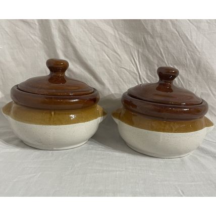 Bean Pots/ Crock Pots W/ Lids Taiwan Glazed Stoneware Two Tone Brown & White