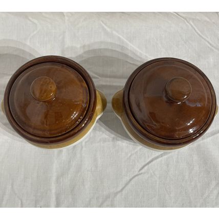Bean Pots/ Crock Pots W/ Lids Taiwan Glazed Stoneware Two Tone Brown & White