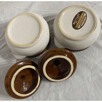 Bean Pots/ Crock Pots W/ Lids Taiwan Glazed Stoneware Two Tone Brown & White