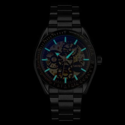 SKMEI 9194 Men Automatic Skeleton Mechanical Steel Band Watch, Black, Silver, Go