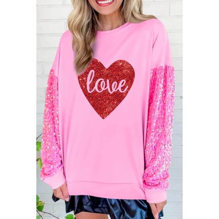 Pink Shiny Heart Shape love Print Sequined Sleeve Sweatshirt