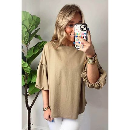 Light French Beige Solid Color Lantern Sleeve Drop Shoulder Blouse