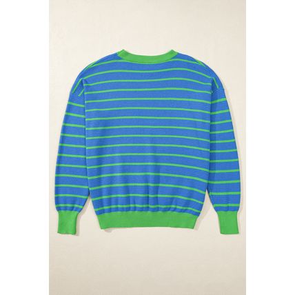 Sky Blue Stripe Trimmed Round Neck Drop Shoulder Loose Sweater