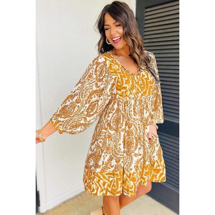 Orange Bohemian Print Puff Sleeve Tied V Neck Flared Mini Dress