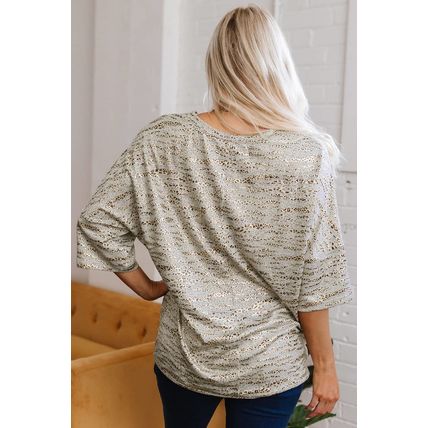 Gray Leopard Print Half Sleeve V Neck Loose Fit T Shirt