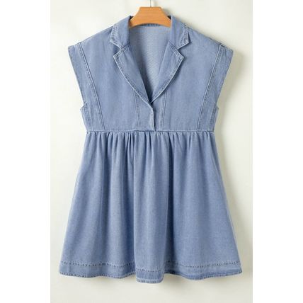 Beau Blue Lapel Neck Cap Sleeve High Waist Denim Babydoll Dress