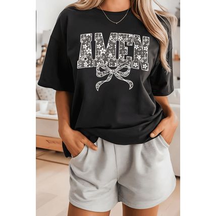 Black Floral AMEN Bow Printed T Shirt