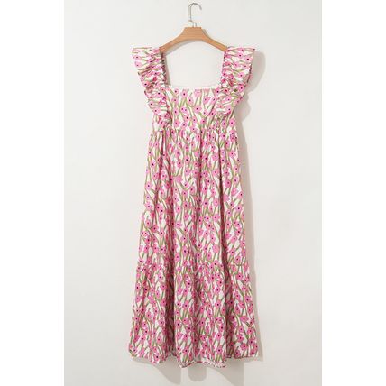 Pink Plus Size Ruffle Trim Square Neck High Waist Floral Maxi Dress