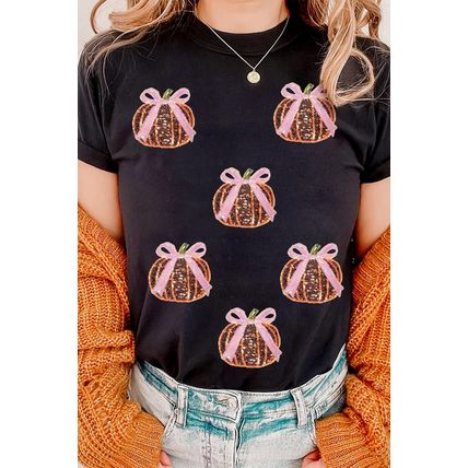 Black Sequin Bow Pumpkin Patched Cotton Blend T Shirt