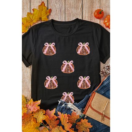 Black Sequin Bow Pumpkin Patched Cotton Blend T Shirt