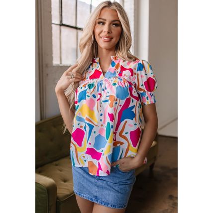 Multicolour Abstract Print Lace Detail Shirred Short Sleeve Split Neck Blouse