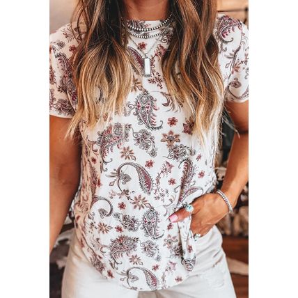 White Vintage Paisley Mock Neck T Shirt