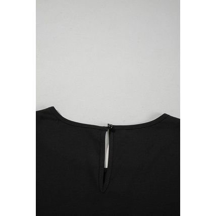 Black Ruffle Trimmed 3/4 Sleeve Round Neck Blouse