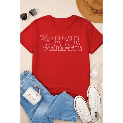Red Rhinestone MAMA Bow Knot Pattern Crew Neck Loose Tee