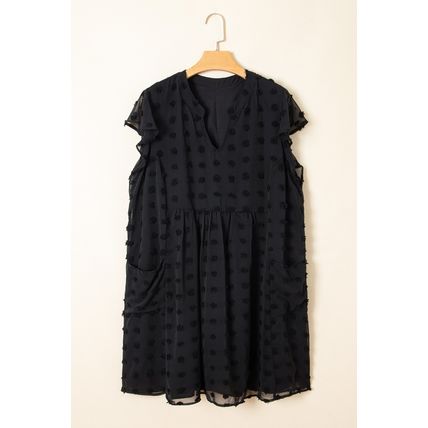 Black Dotty Textured Notched Neck Plus Ruffled Dress