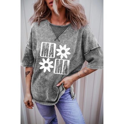 Philippine Gray MAMA Daisy Flower Graphic Mineral Wash Drop Shoulder Vintage Tee