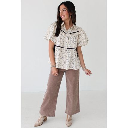 White Contrast Trim Floral Puff Short Sleeve Shirt
