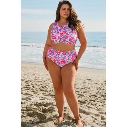 Rose Plus Size Floral Print Twisted High Waist Bikini Set