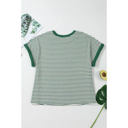 Green Stripe Trimmed Round Neck Plus Size Boxy Fit T-shirt