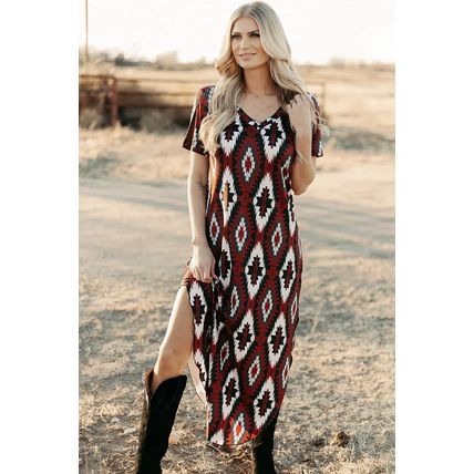 Red Western Aztec Printed Long T-shirt Dress