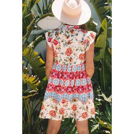 Rose Floral Mixed Pattern Ruffle Flutter Sleeve Buttoned Dress