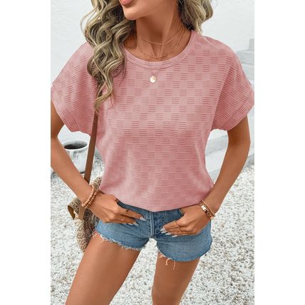 Apricot Pink Checkered Textured Round Neck T-shirt