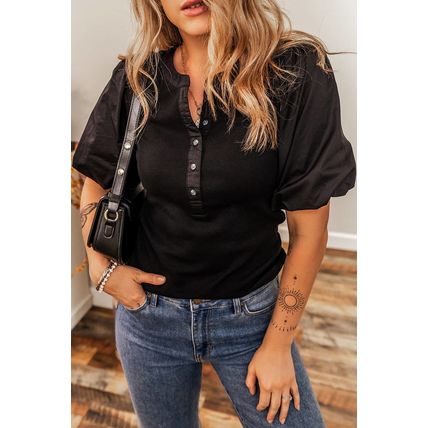 Black Ribbed Patchwork Puff Sleeve Half Button Placket Slim Fit Top